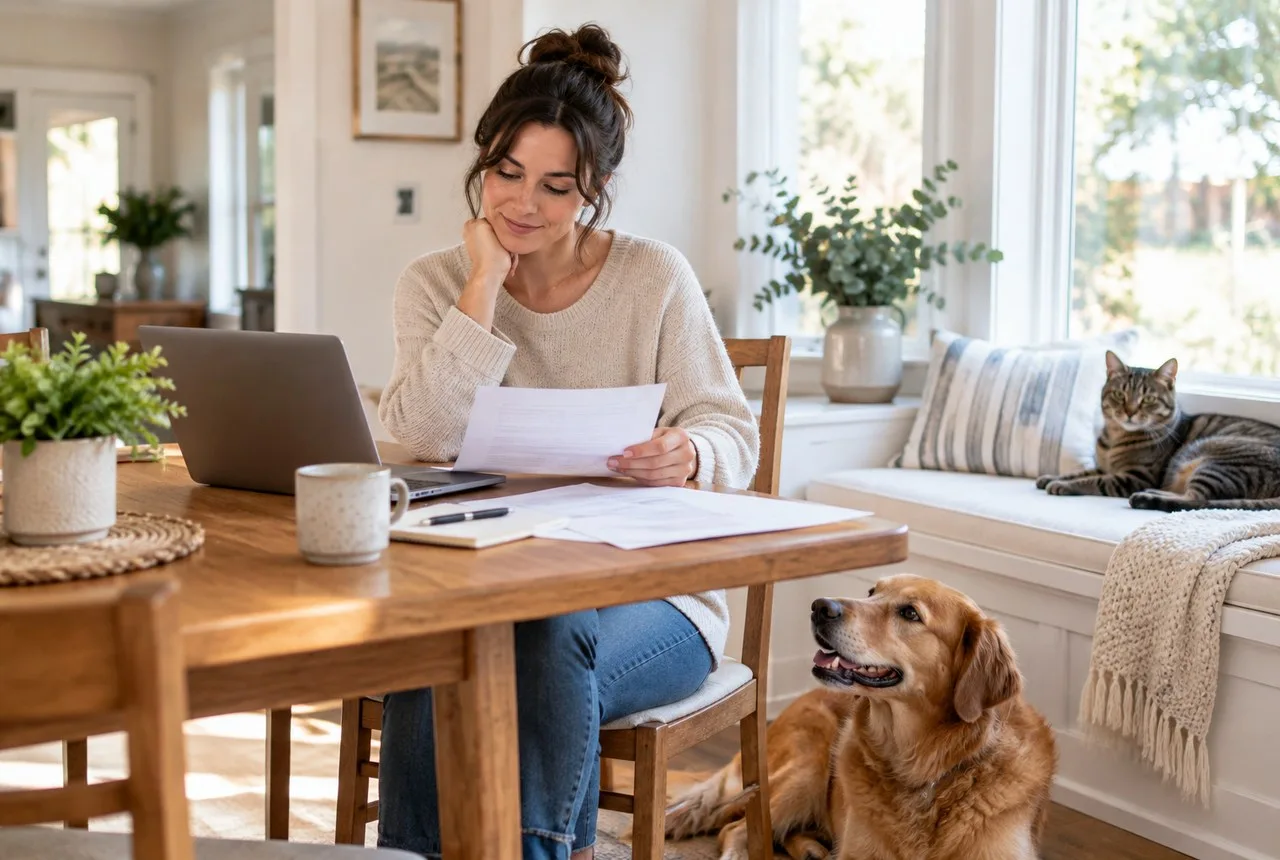 An owner reviewing paperwork at a table with a dog and cat nearby